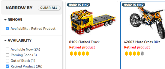 Internal Search for Webshops: LEGO Retired Product